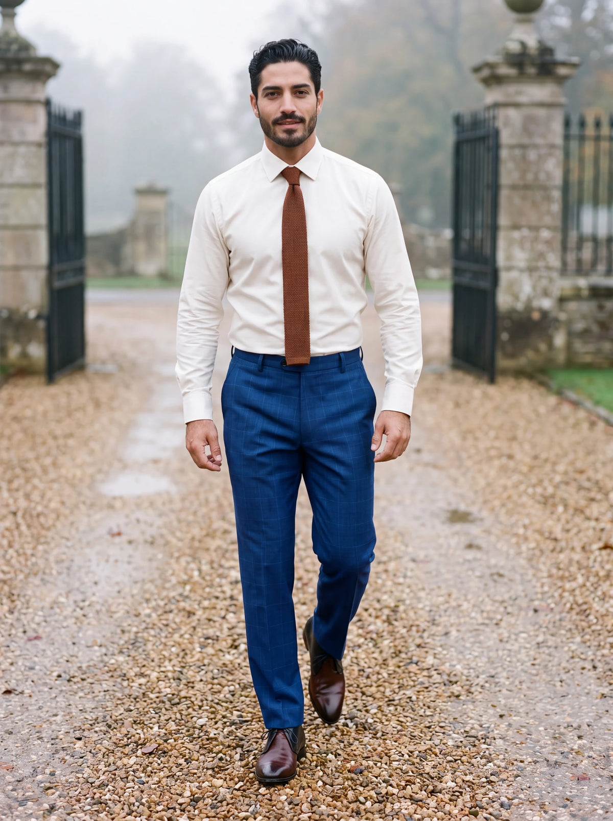 Regal Blue Windowpane Pants worn by a model, estate gravel drive795