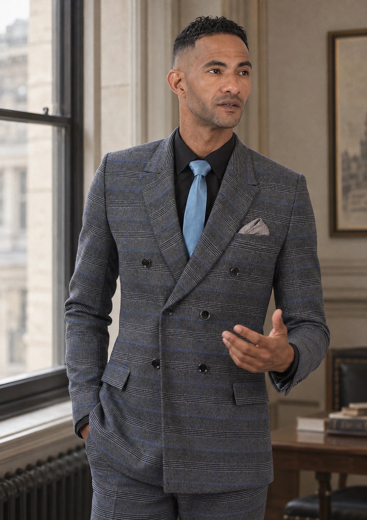 Dark Grey Prince of Wales Jacket worn by a model, bank office window318