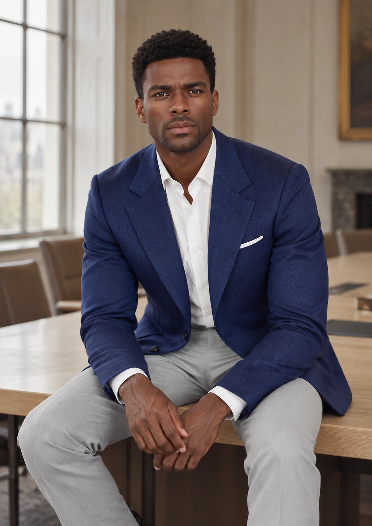 Royal Blue Herringbone Jacket worn by a model, law firm boardroom558
