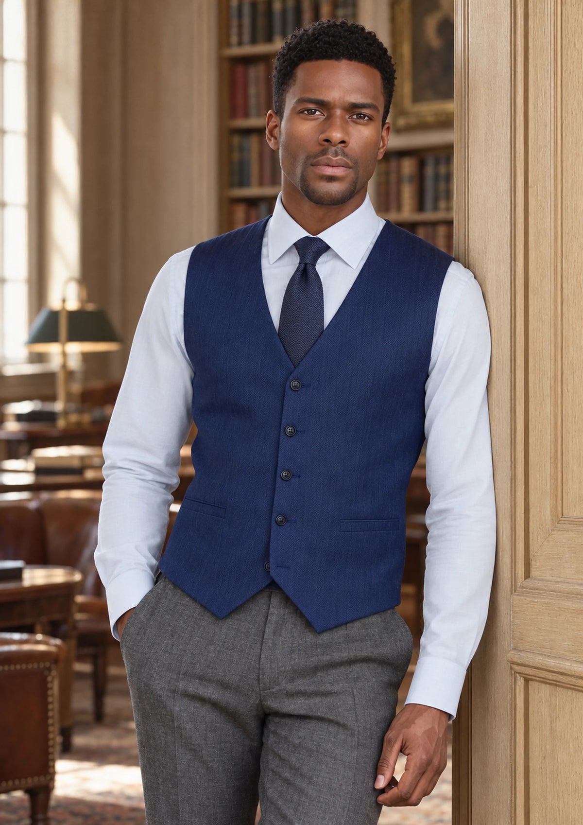 Royal Blue Herringbone Vest worn by a model, club reading room737