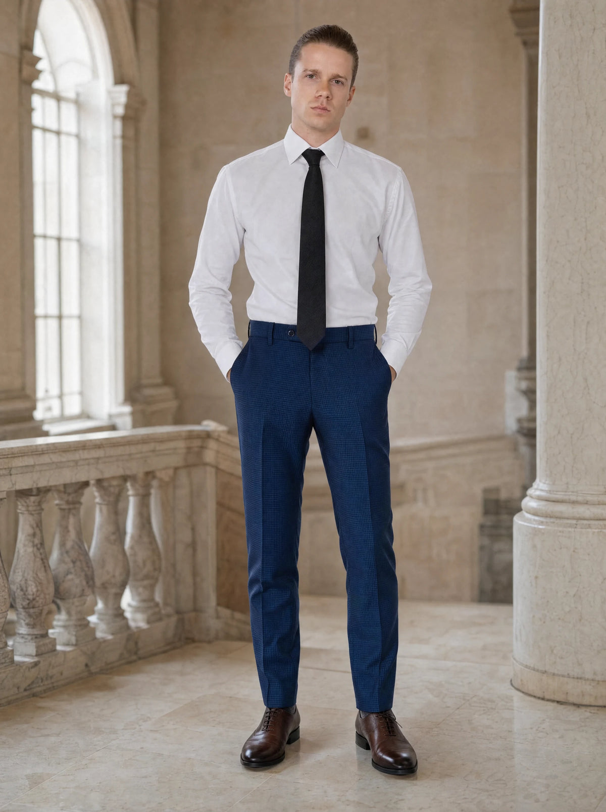 Royal Blue Microcheck Pants worn by a model, opera house foyer442