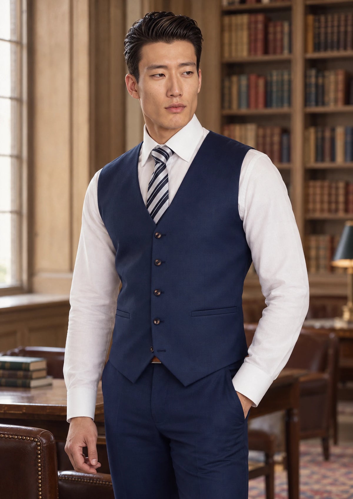 Royal Blue Performance Vest worn by a model, club reading room916