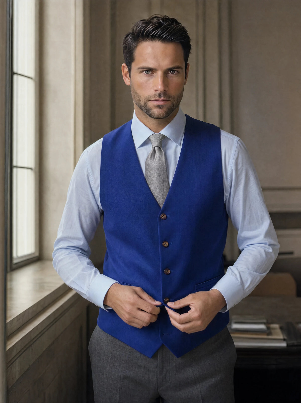 Royal Blue Twill Vest worn by a model, bank office window172