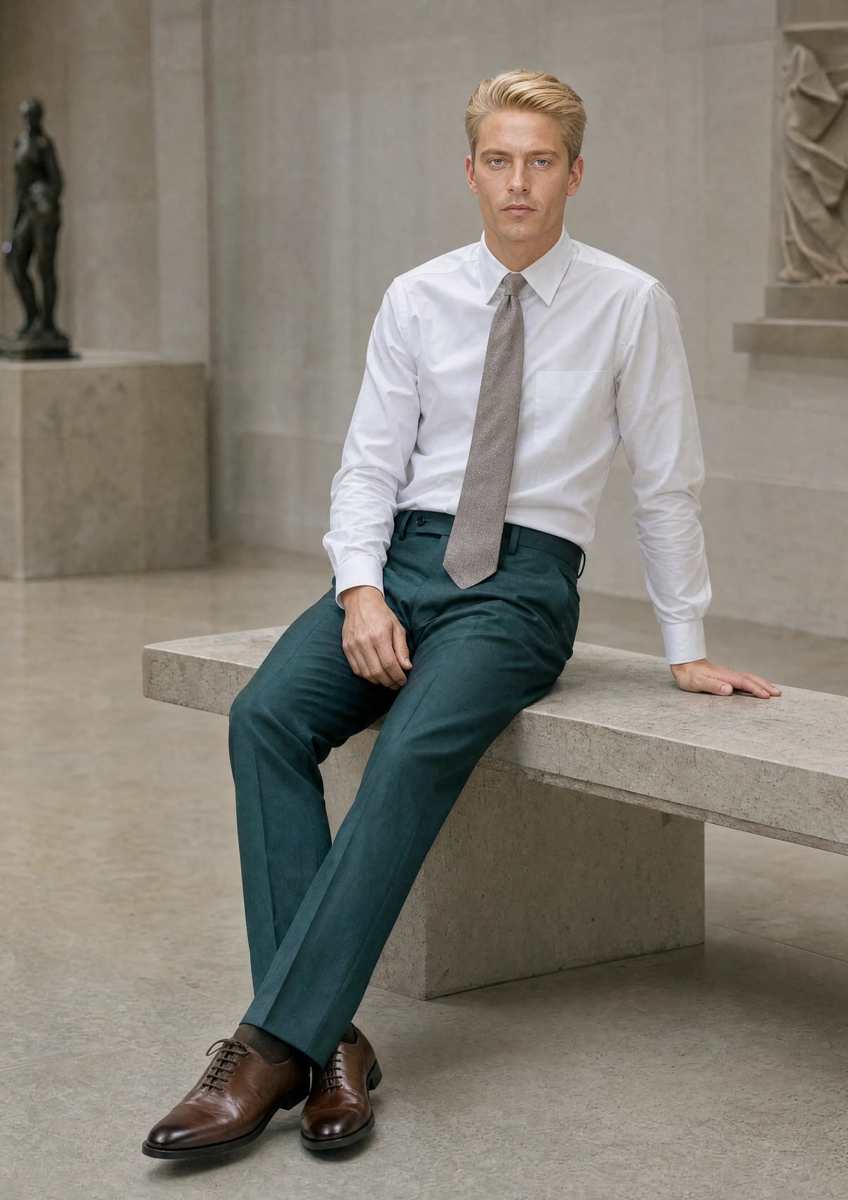 Man in green sharkskin trousers and white shirt seated on a marble bench in a museum hall475