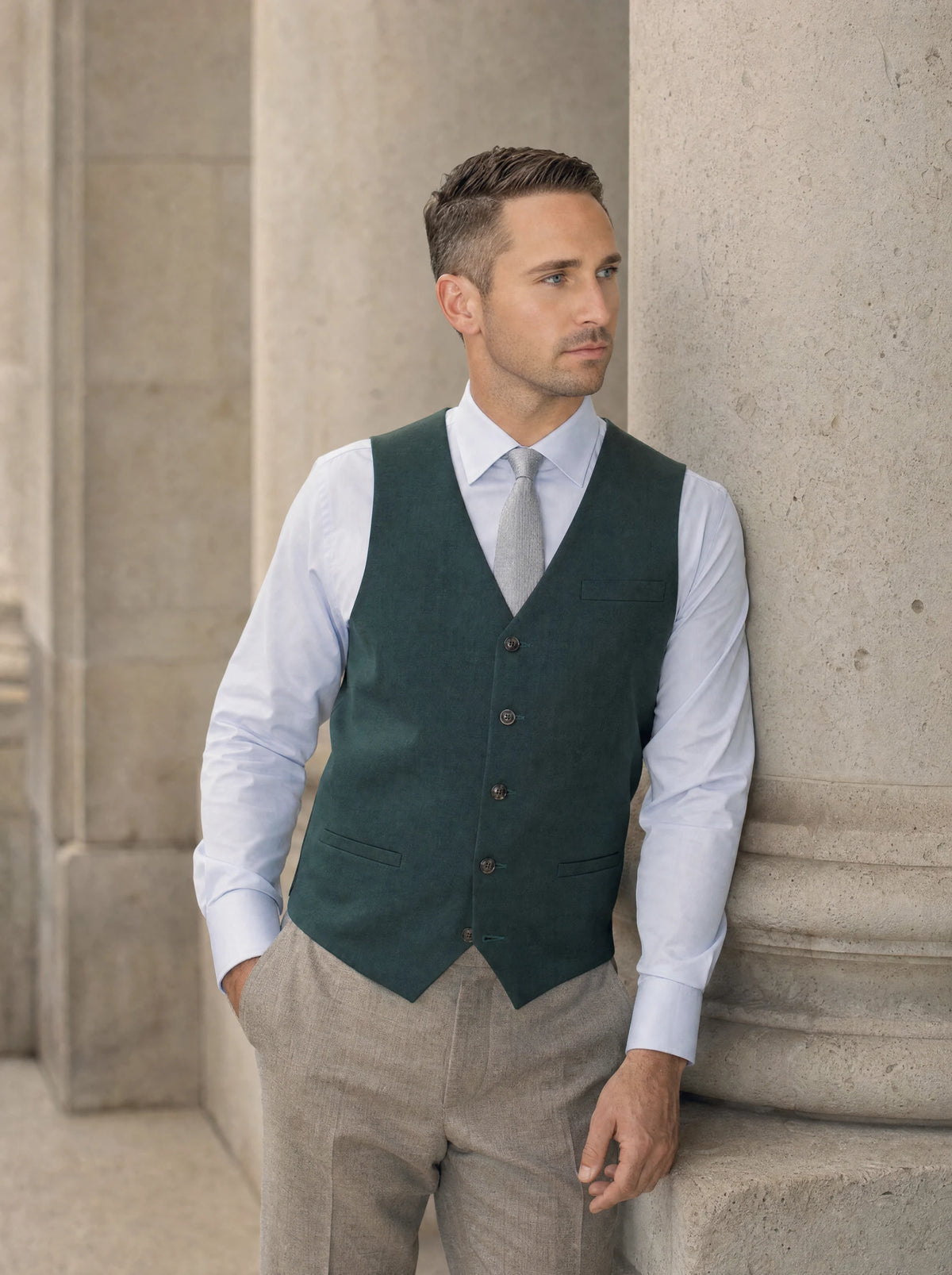 Sacramento Green Sharkskin Vest worn by a model, courthouse portico730