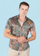 Sage Bouquet Silk Shirt - front view styled with beige shorts500
