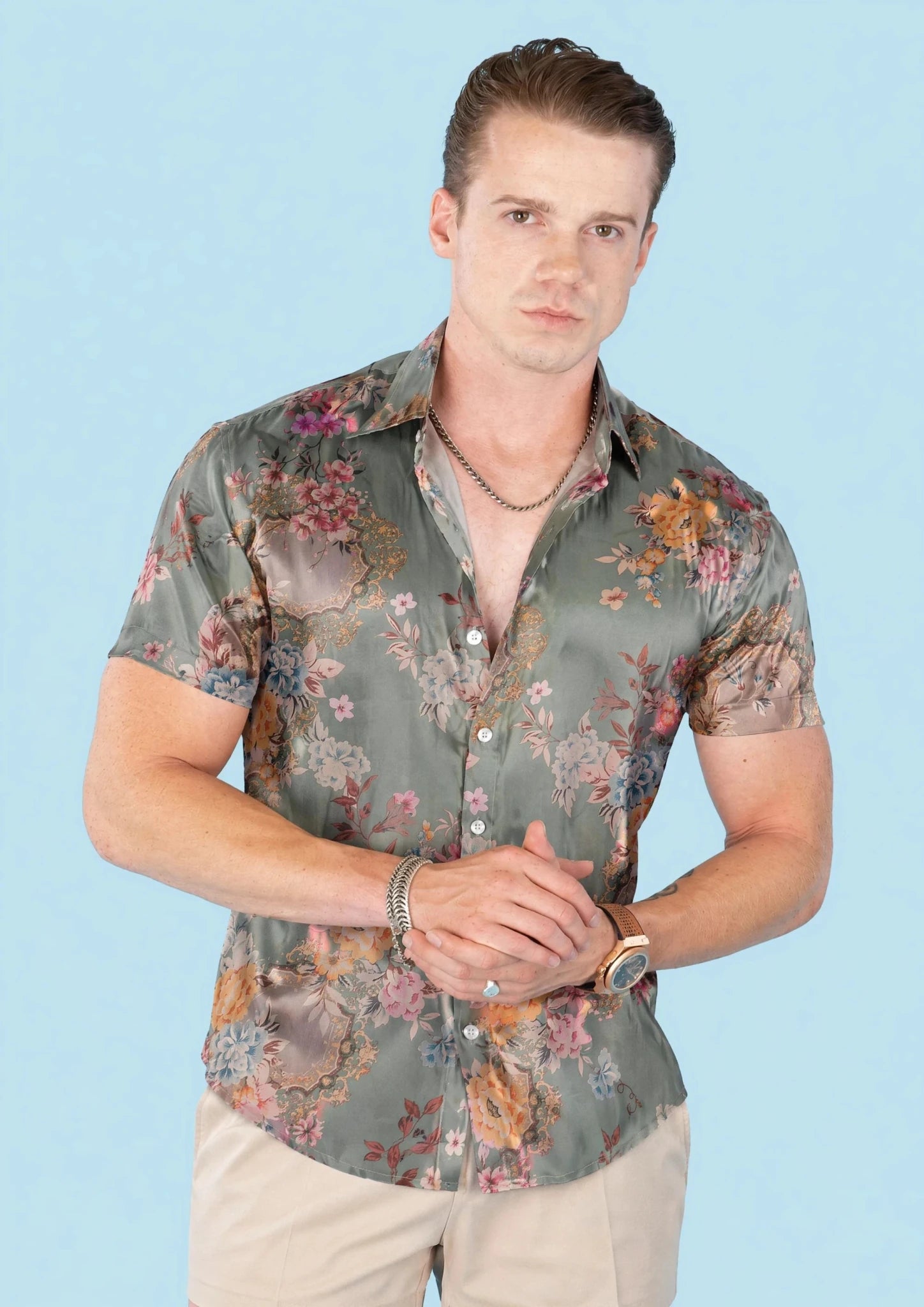 Sage Bouquet Silk Shirt - front view styled with beige shorts756