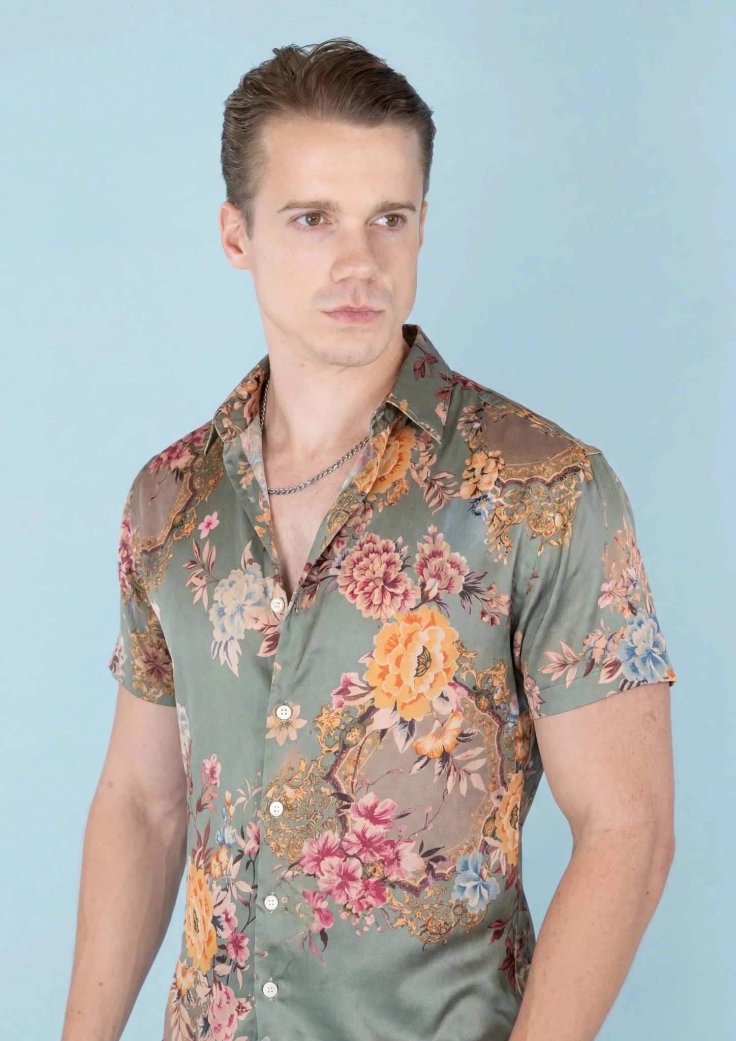 Sage Bouquet Silk Shirt - close-up of collar and floral silk fabric231
