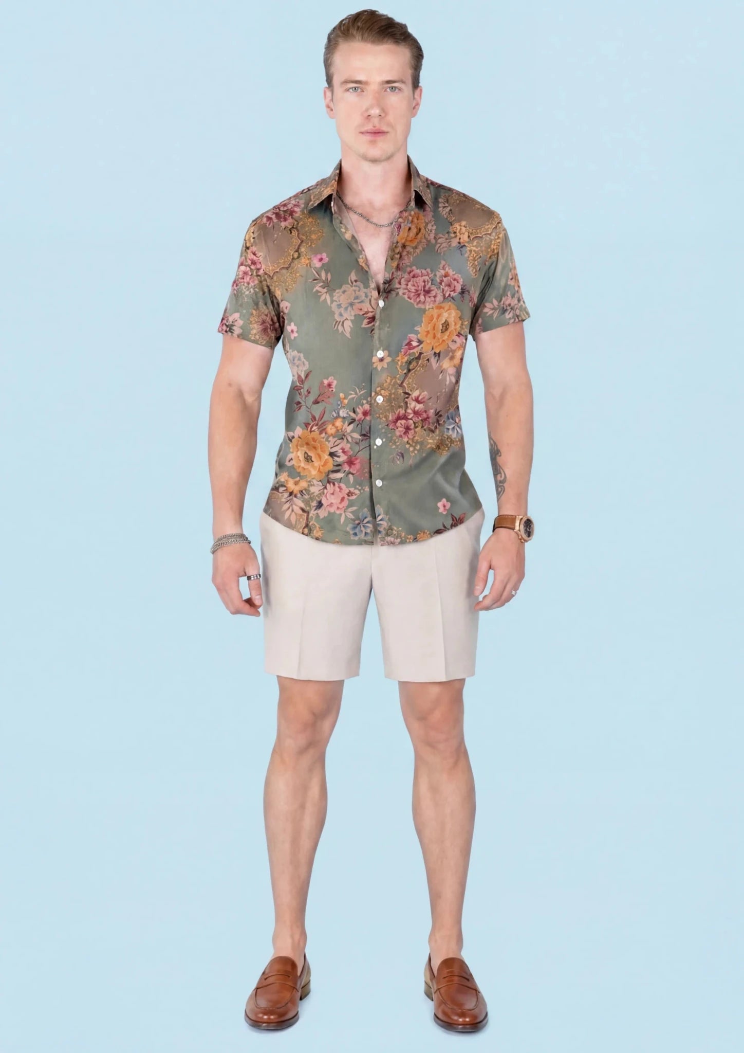 Sage Bouquet Silk Shirt - full outfit, front view197