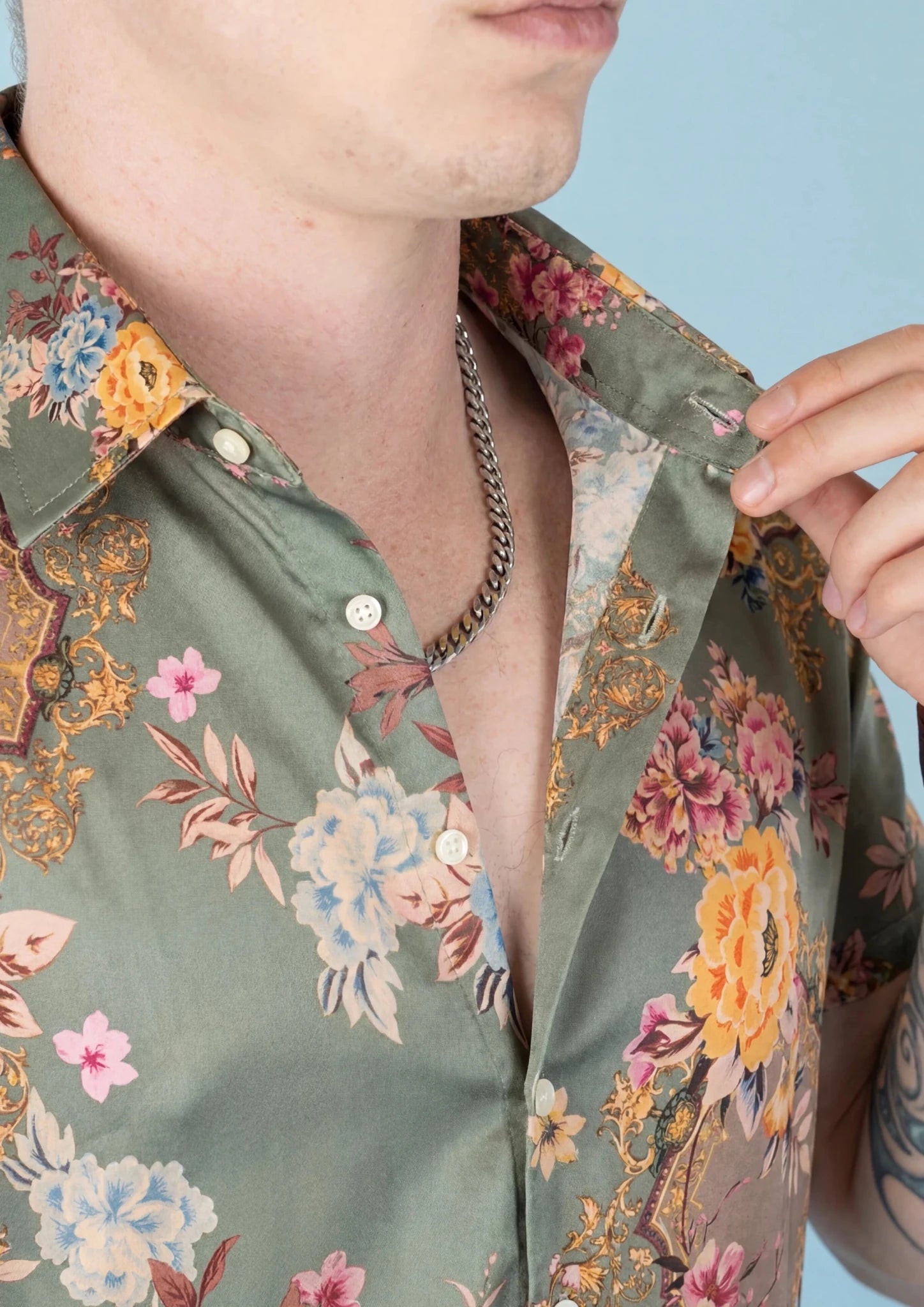 Sage Bouquet Silk Shirt - short-sleeve silk shirt worn open at the collar712