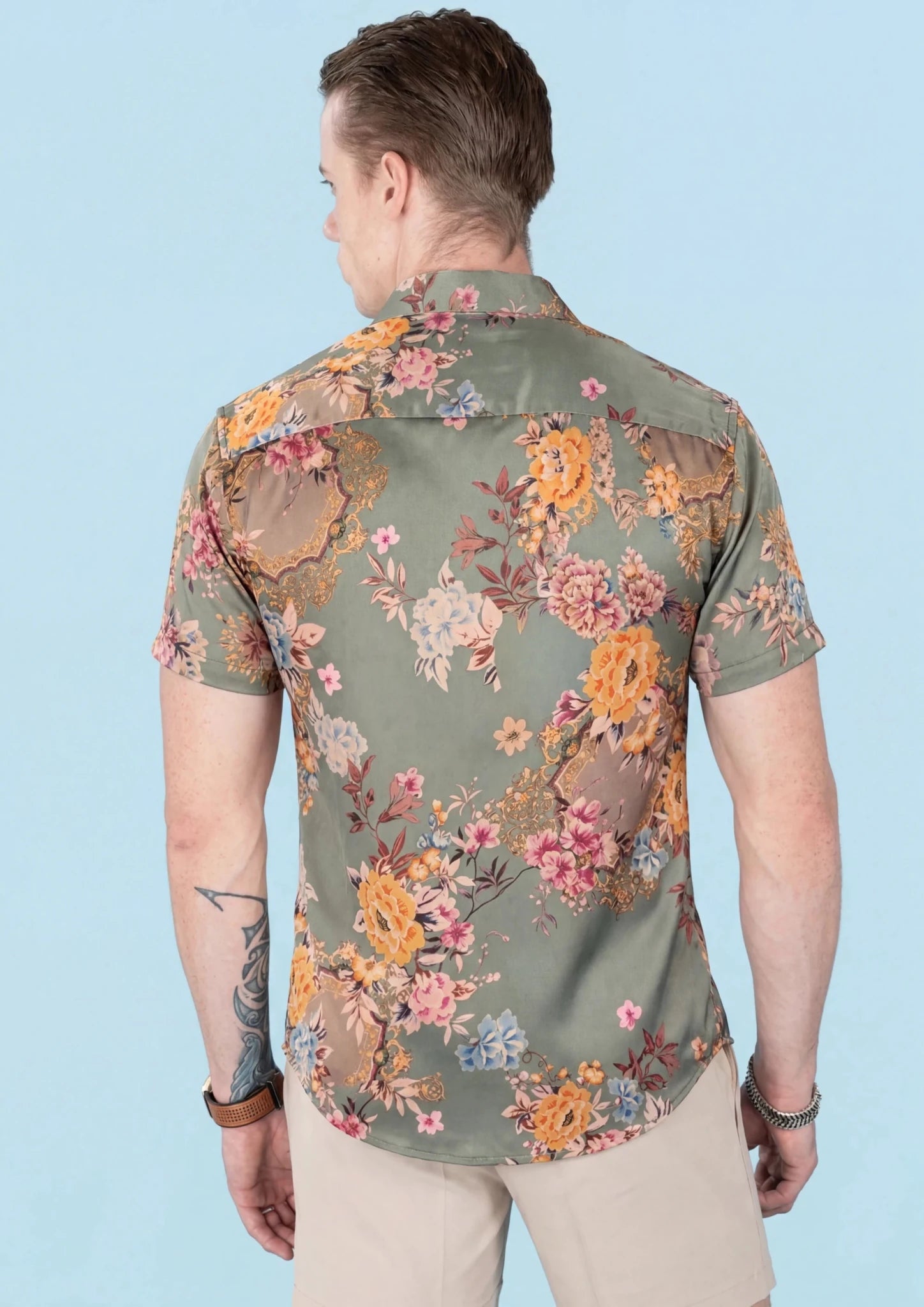 Sage Bouquet Silk Shirt - shoulder and short sleeve detail935