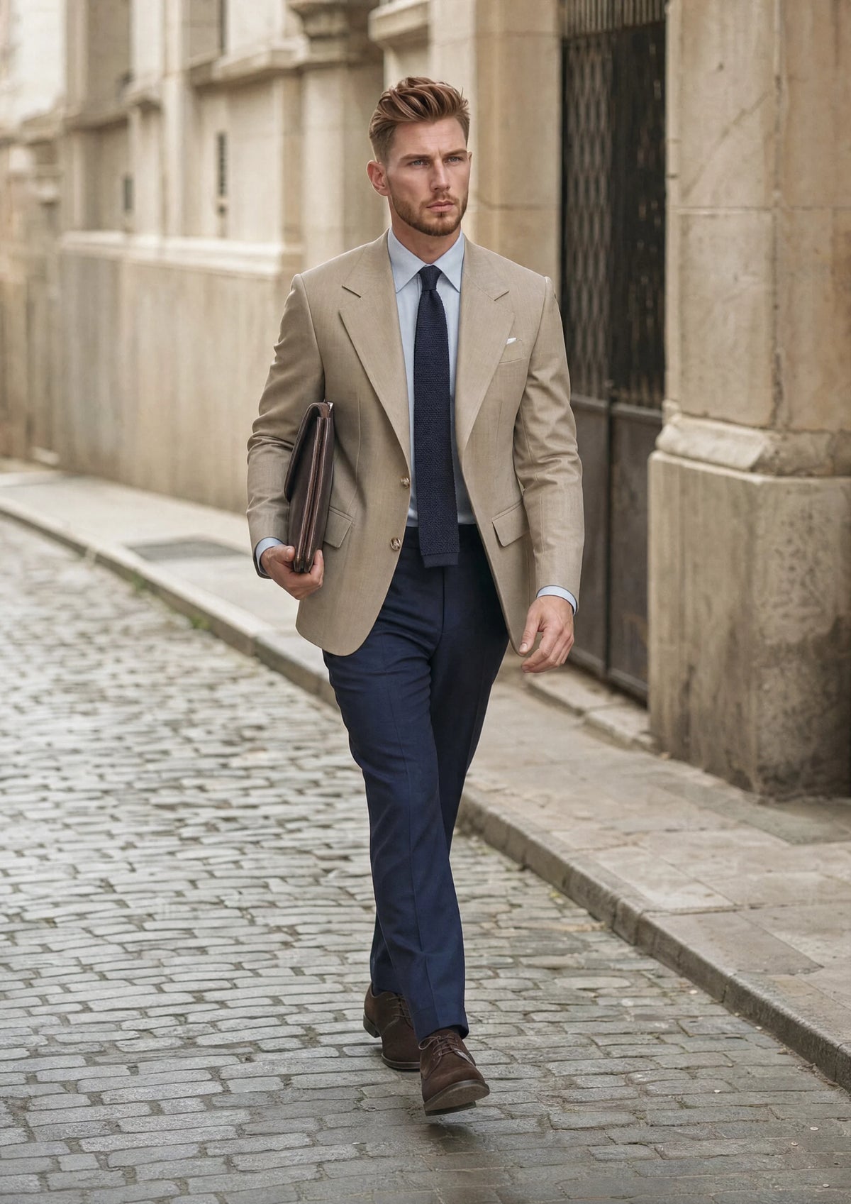 Man in a sand herringbone jacket, blue shirt and navy knit tie walking down a cobbled street744