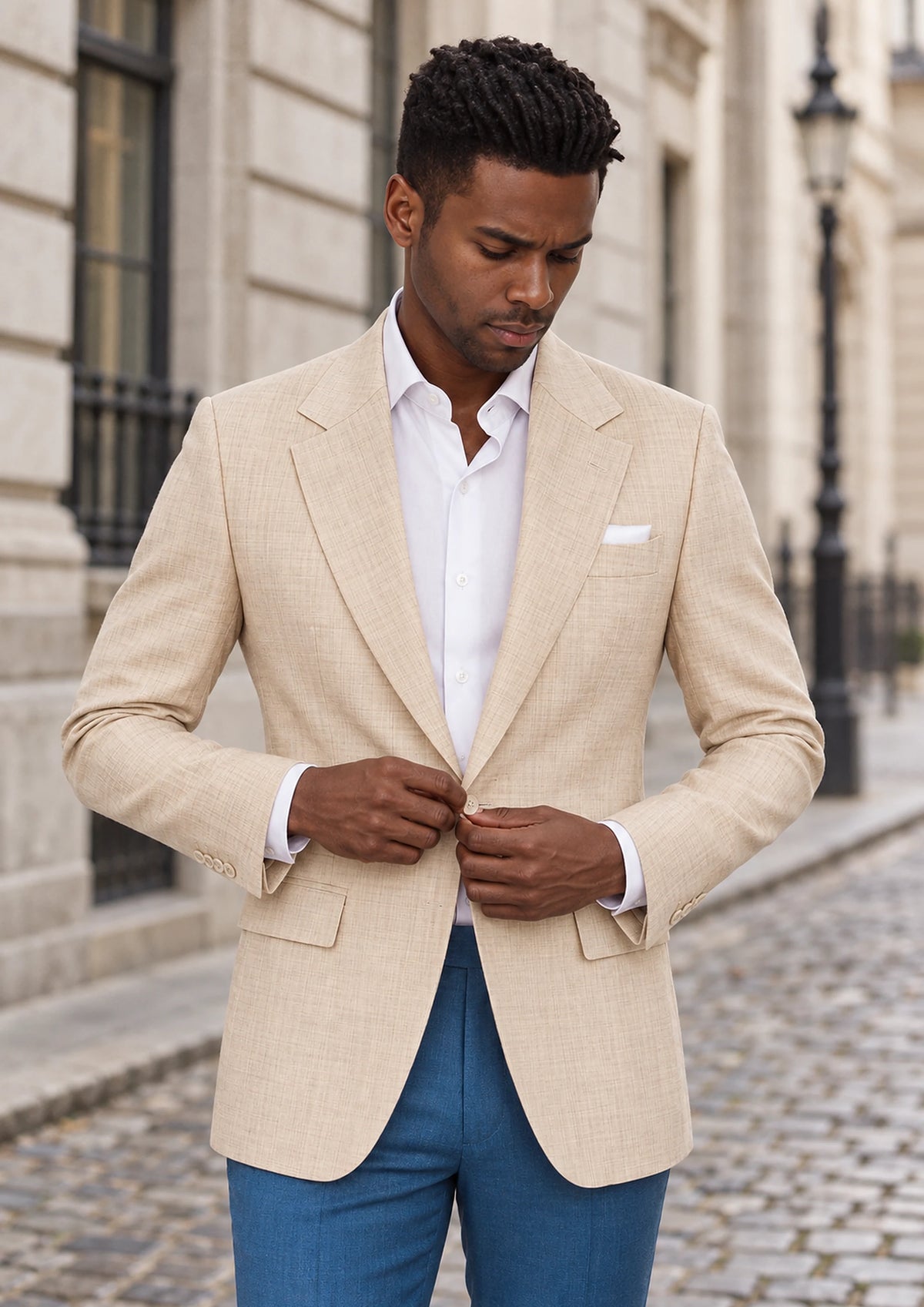 Sand Performance Jacket worn by a model, financial district street385