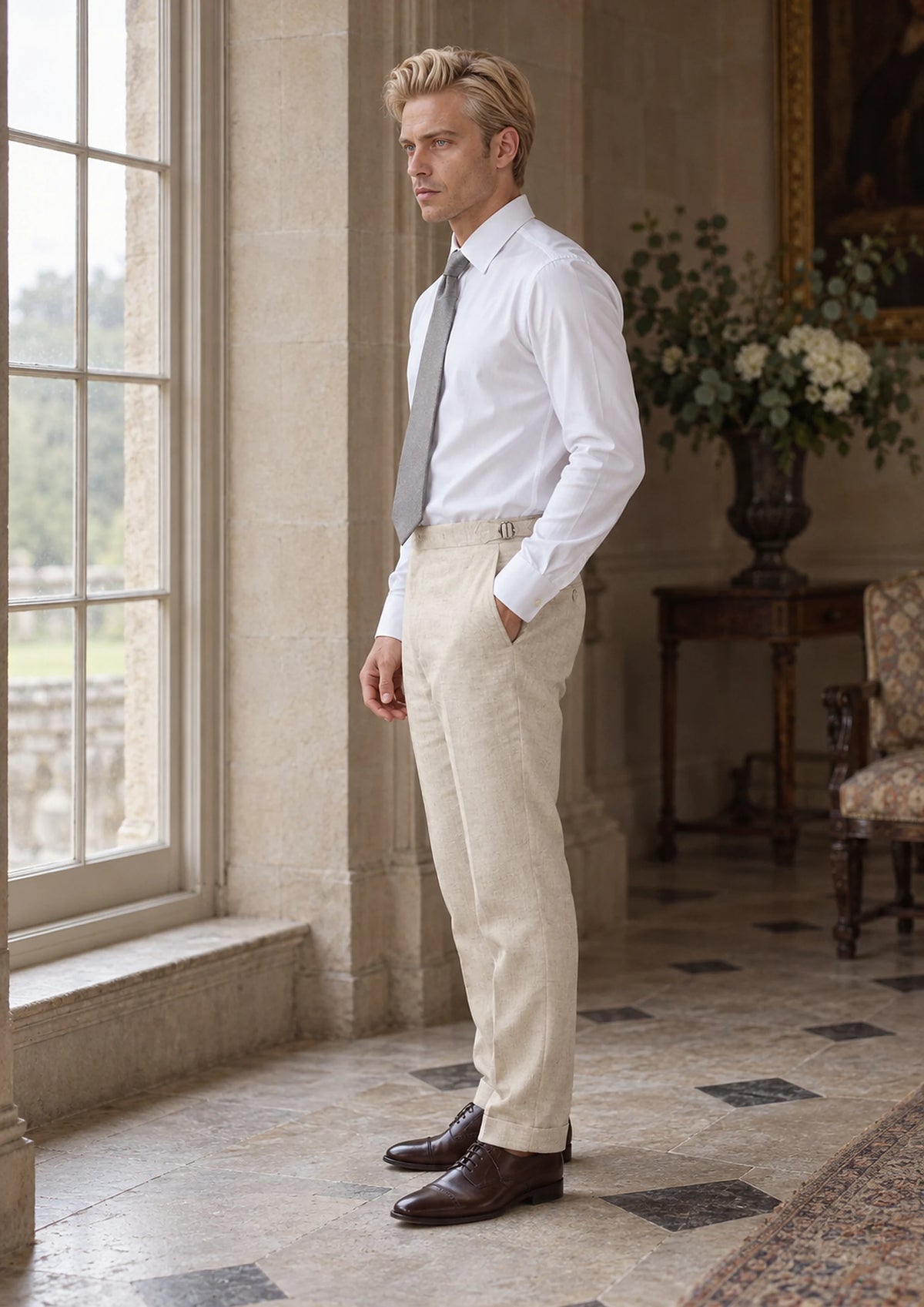 Sand Linen Pants worn by a model, manor anteroom851