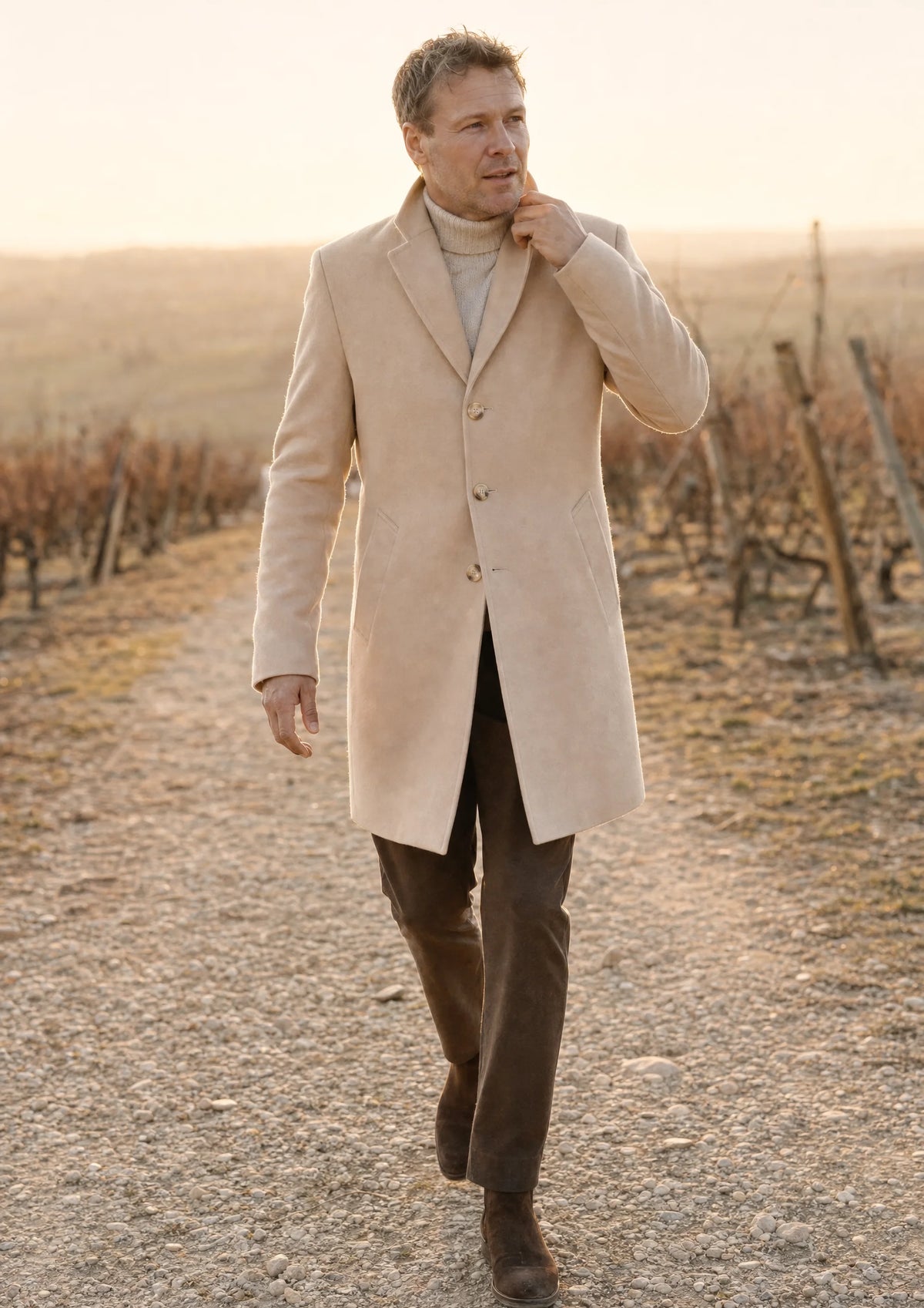 Sand Wool Classic Overcoat worn over a casual outfit in a lifestyle setting742