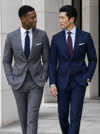 Two businessmen in tailored suits outdoors