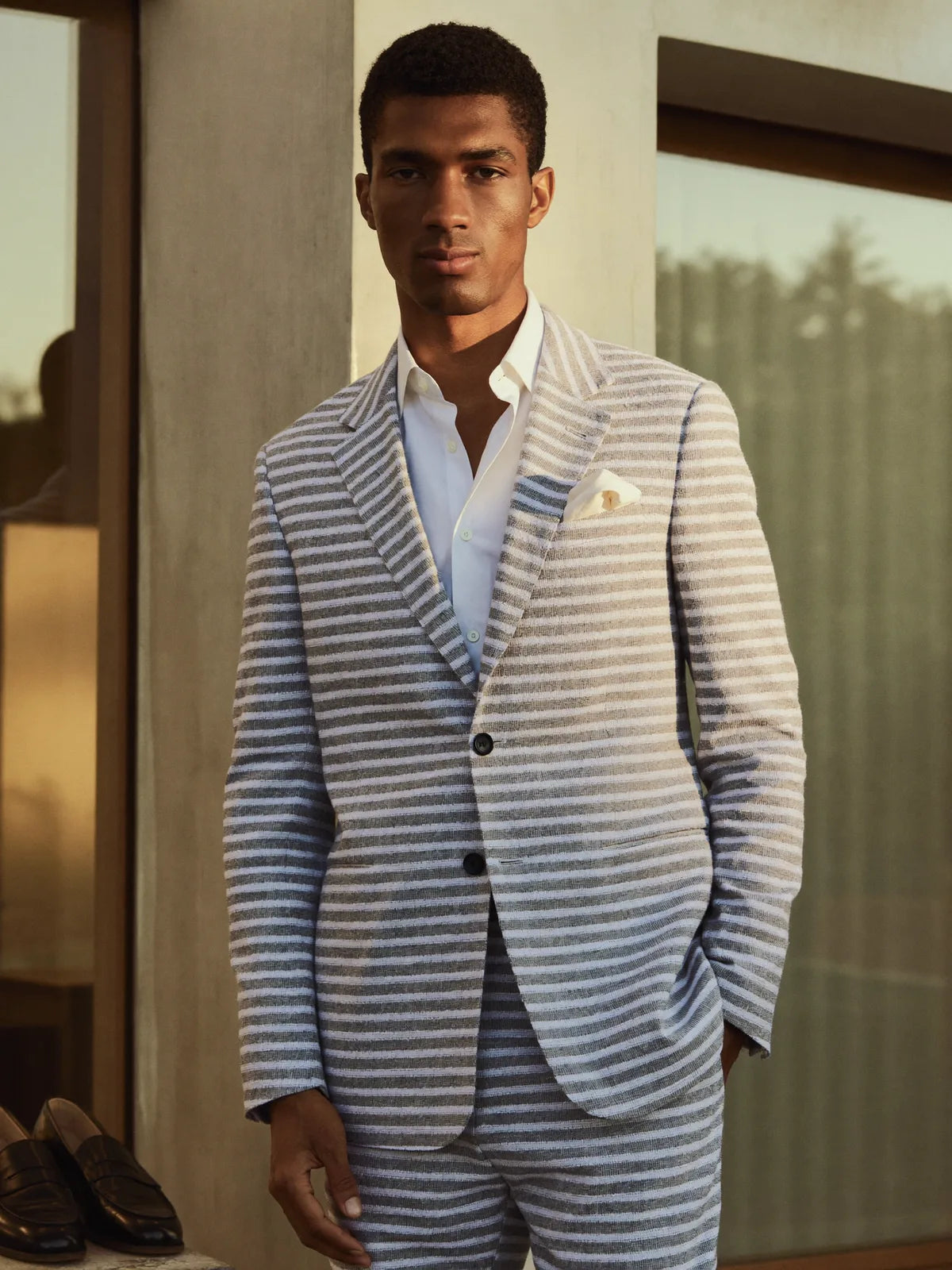 Modern grey and white seersucker suit variation