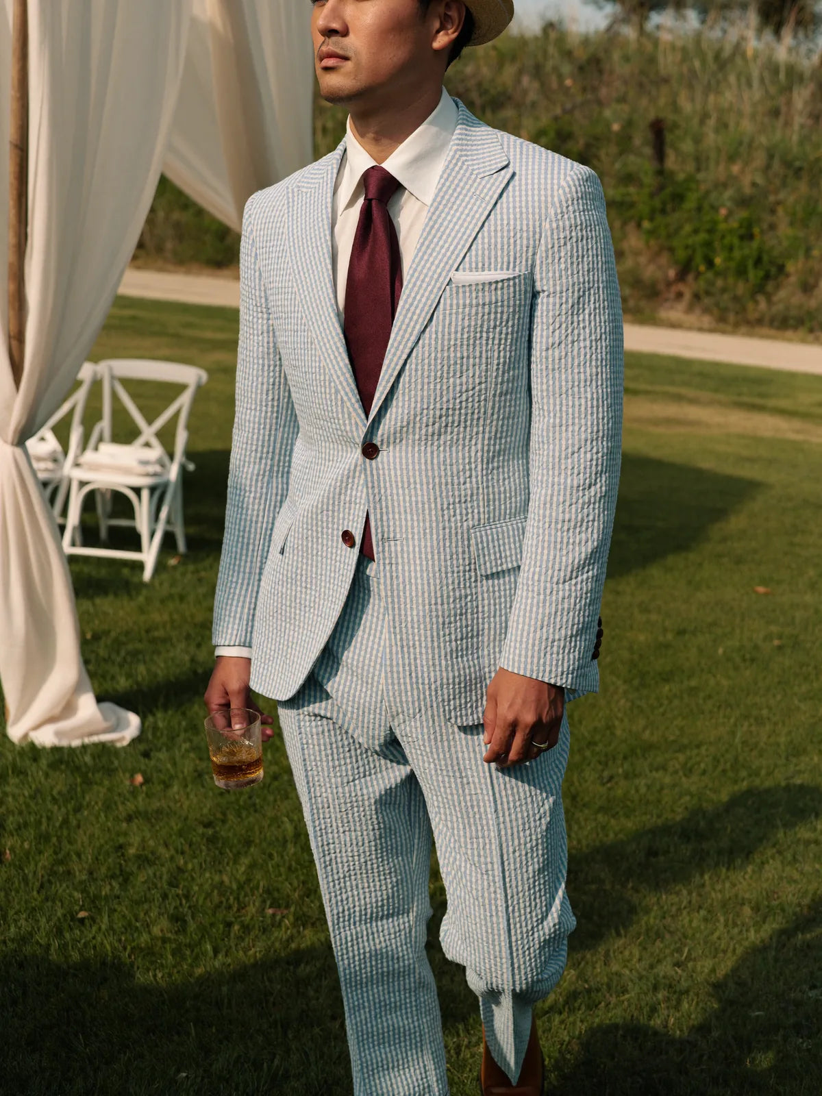 Seersucker suit at a daytime summer wedding