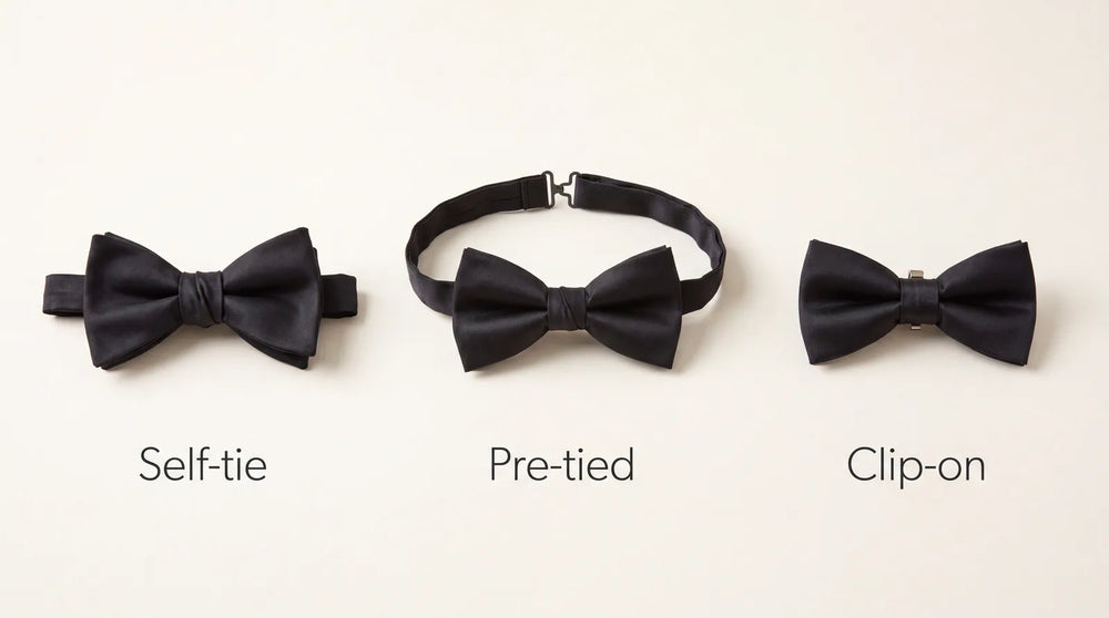 Self-tie, pre-tied, and clip-on bow ties compared side by side