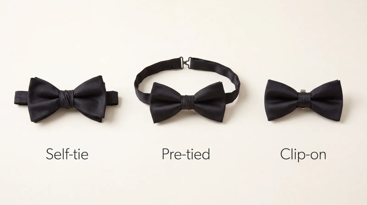 Self-tie, pre-tied, and clip-on bow ties compared side by side