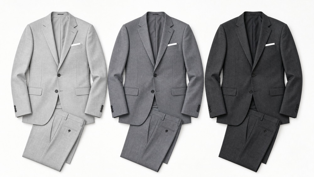 Three grey suits side by side, powder to charcoal, illustrate how shade position on the grey spectrum determines formality, season, and pairing options.