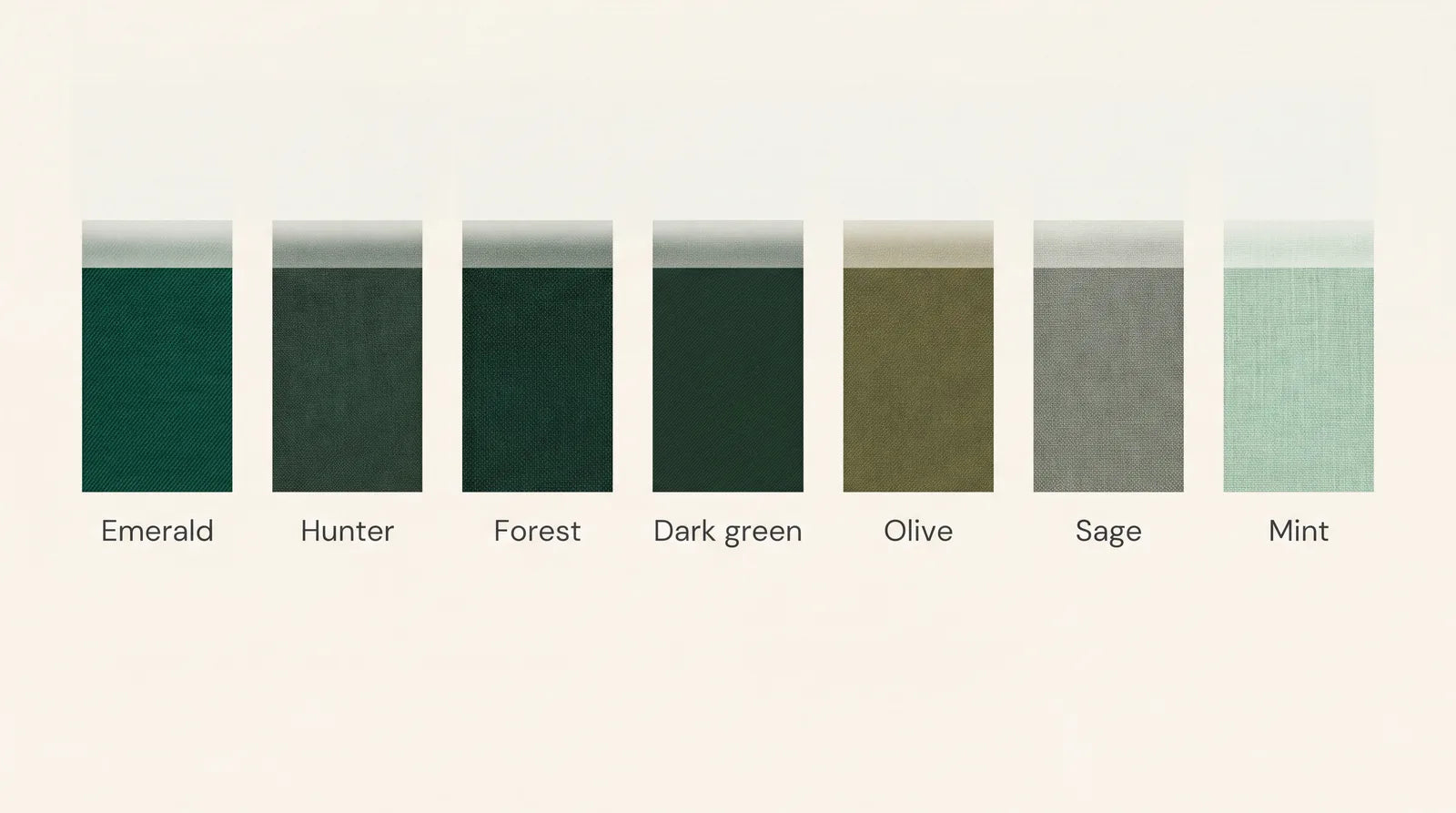 Shades of green for men's suits: emerald, hunter, forest, dark green, olive, sage, and mint