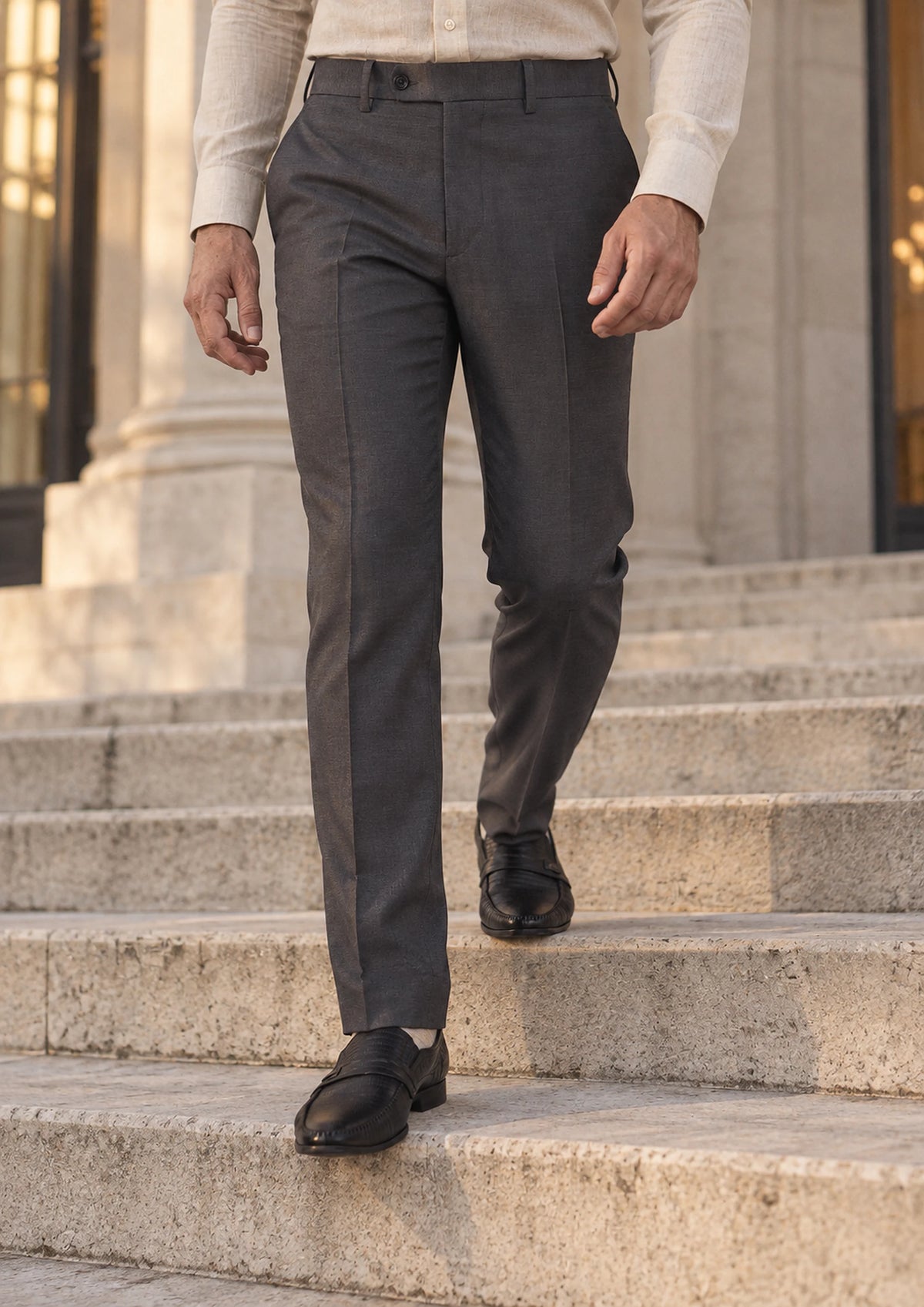 Shimmer Grey Pants worn by a model, embassy staircase836