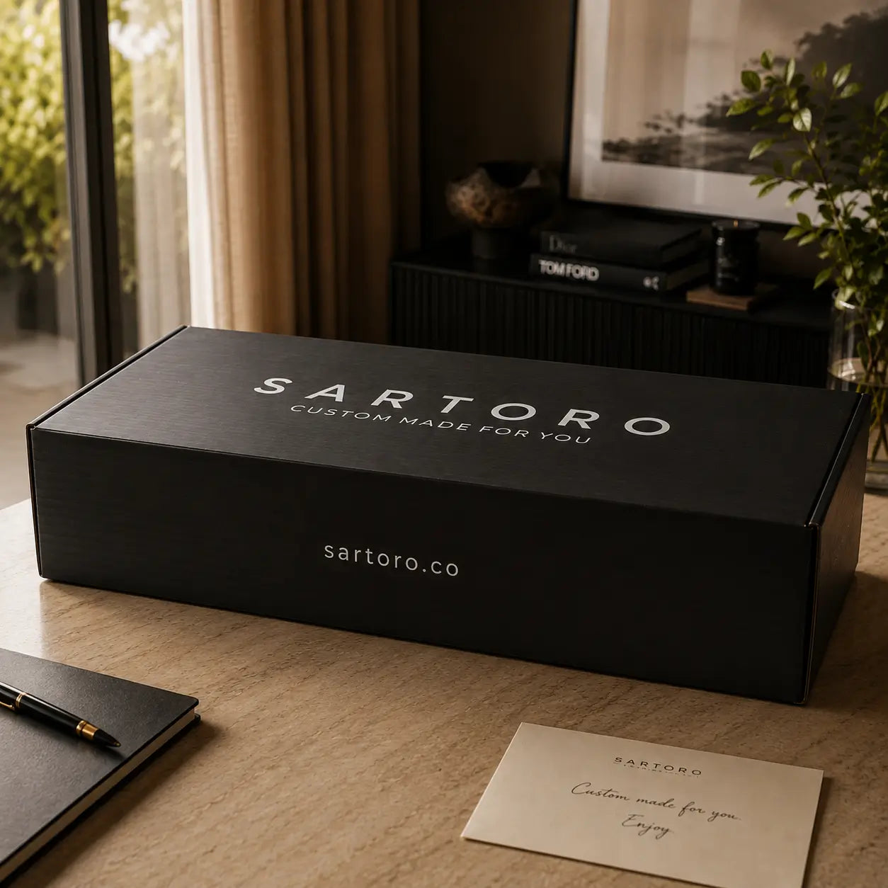 A black Sartoro gift box with white lettering sits on a wooden table in a styled indoor setting. A matching card and a pen are nearby, with a window, curtains, and home decor visible in the background.