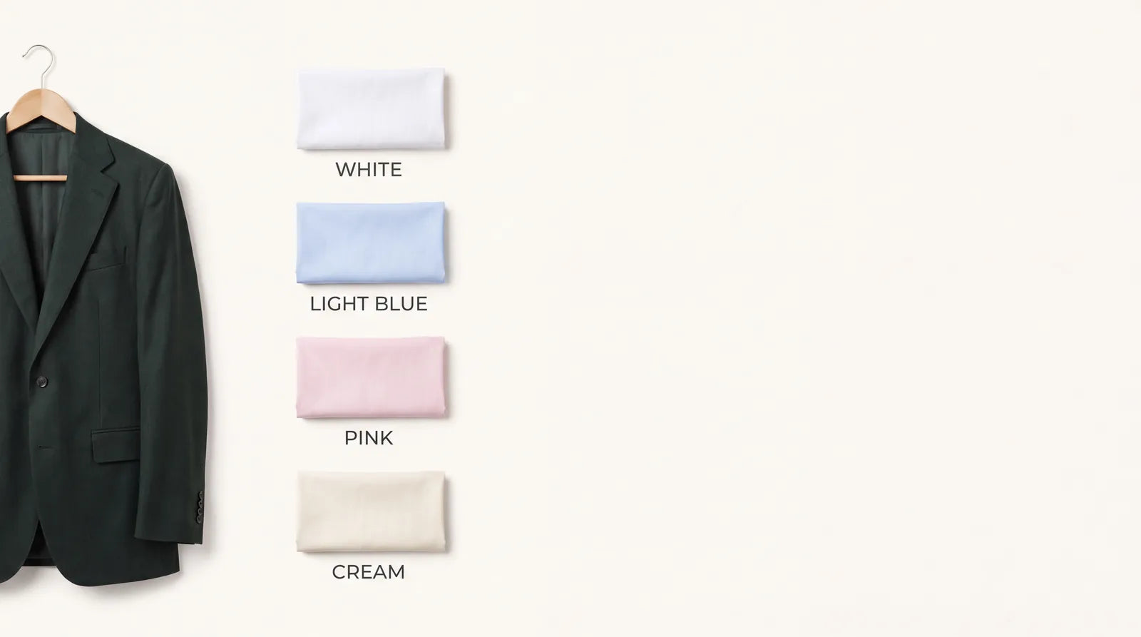 Shirt colors that work with a green suit: white, light blue, pink, and cream