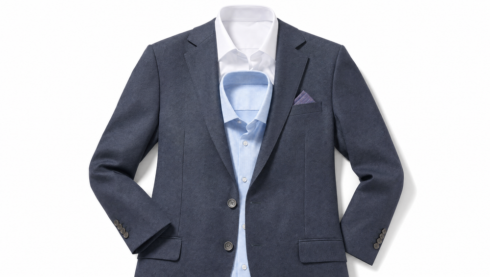 White and light blue shirts styled under a slate grey jacket demonstrate the contrast rule that makes grey suit shirt pairings work across every shade.