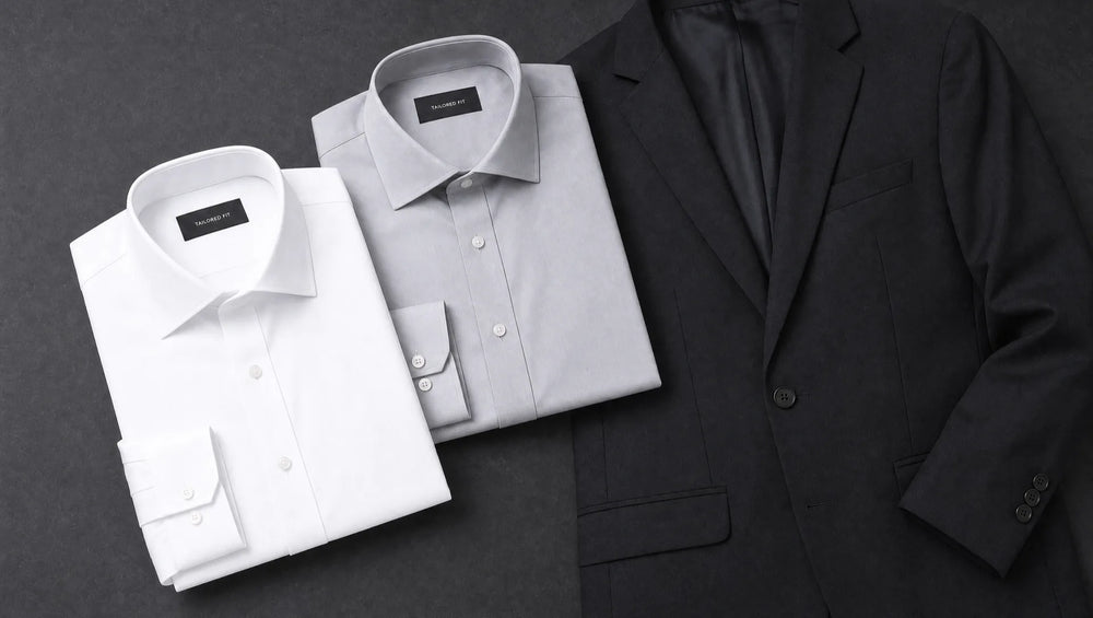 White and pale grey shirts against black suiting — white is the only universally correct pairing, creating the high contrast that black demands; grey works only in tonal evening contexts