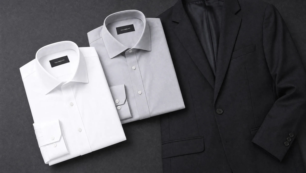 White and pale grey shirts against black suiting — white is the only universally correct pairing, creating the high contrast that black demands; grey works only in tonal evening contexts