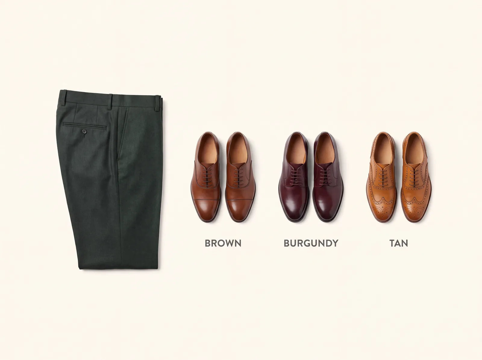 Shoe colors for a green suit: brown, burgundy, and tan