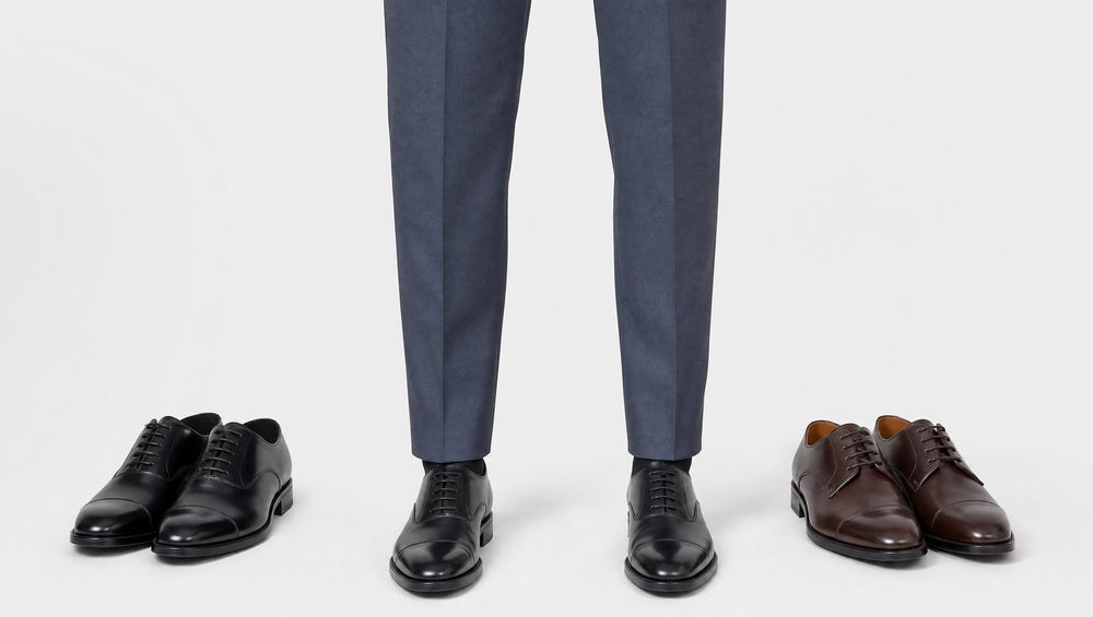 Black oxfords and dark brown derbies beside grey suit trousers show the two shoe colors that cover every grey shade from powder to charcoal.