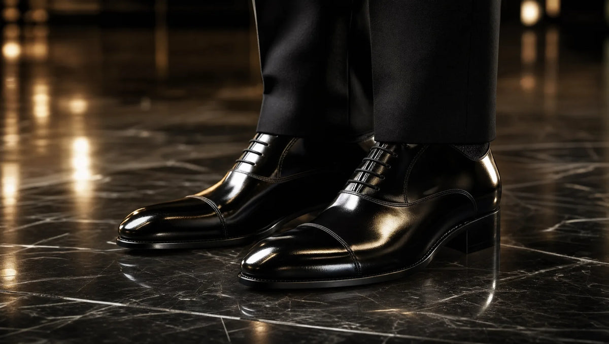 Black oxfords beneath a black suit — the simplest rule in menswear: black suit takes black shoes, with the trouser break clean enough to show the shoe's full silhouette