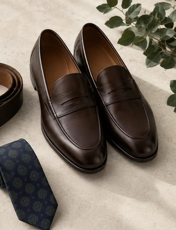 A pair of dark brown leather penny loafers displayed on a light beige textured surface, styled with a navy patterned tie, a brown belt, and eucalyptus leaves.