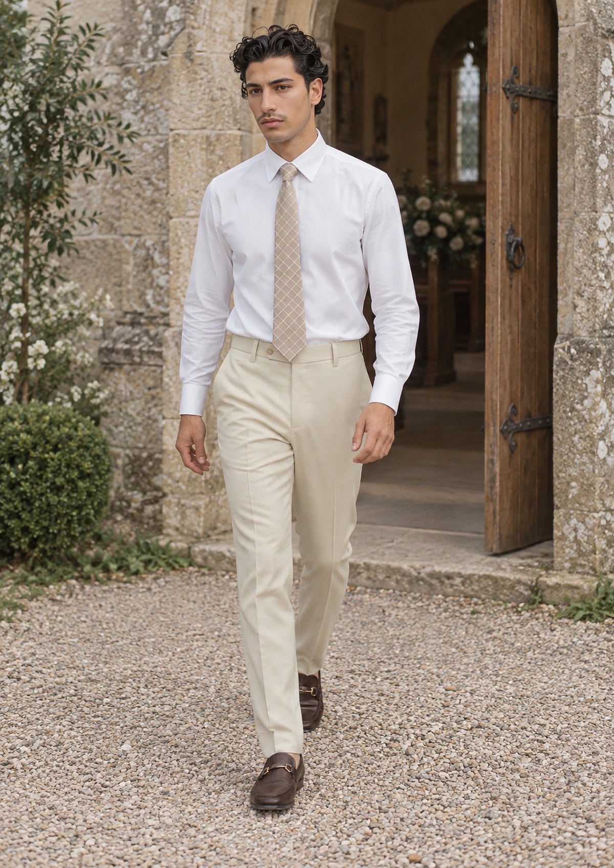 Siena Ivory Twill Pants worn by a model, chapel doorway270