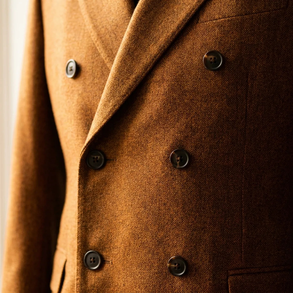 Close-up of a double-breasted jacket's two columns of buttons.