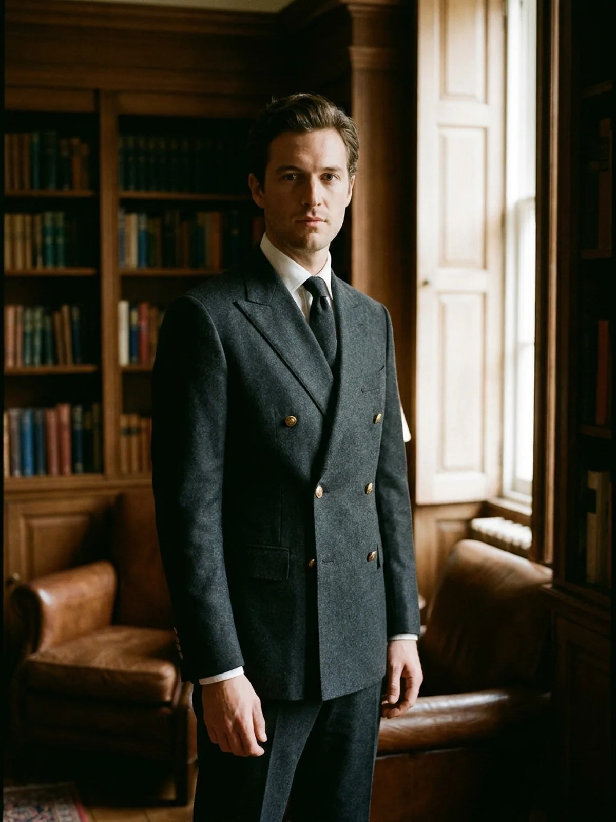 A double-breasted suit with two columns of buttons and peak lapels.