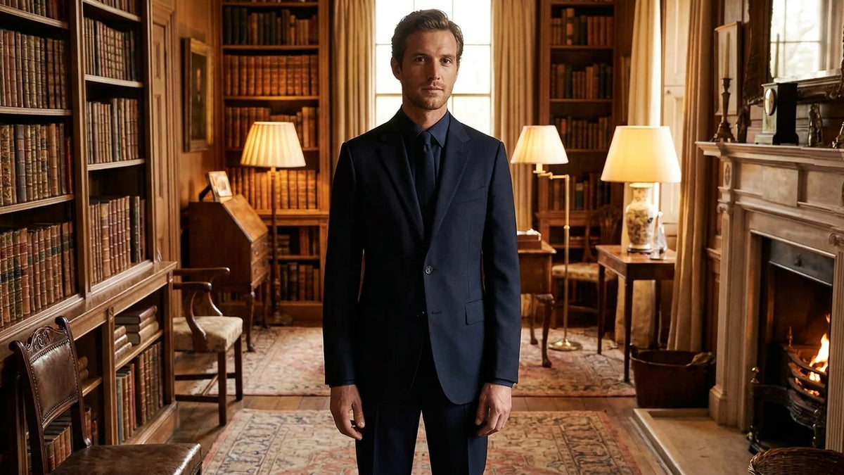 A single-breasted navy suit with a single row of buttons.