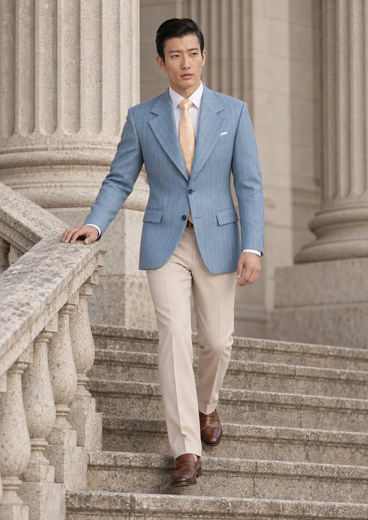 Sky Blue Pinstripe Jacket worn by a model, courthouse portico623