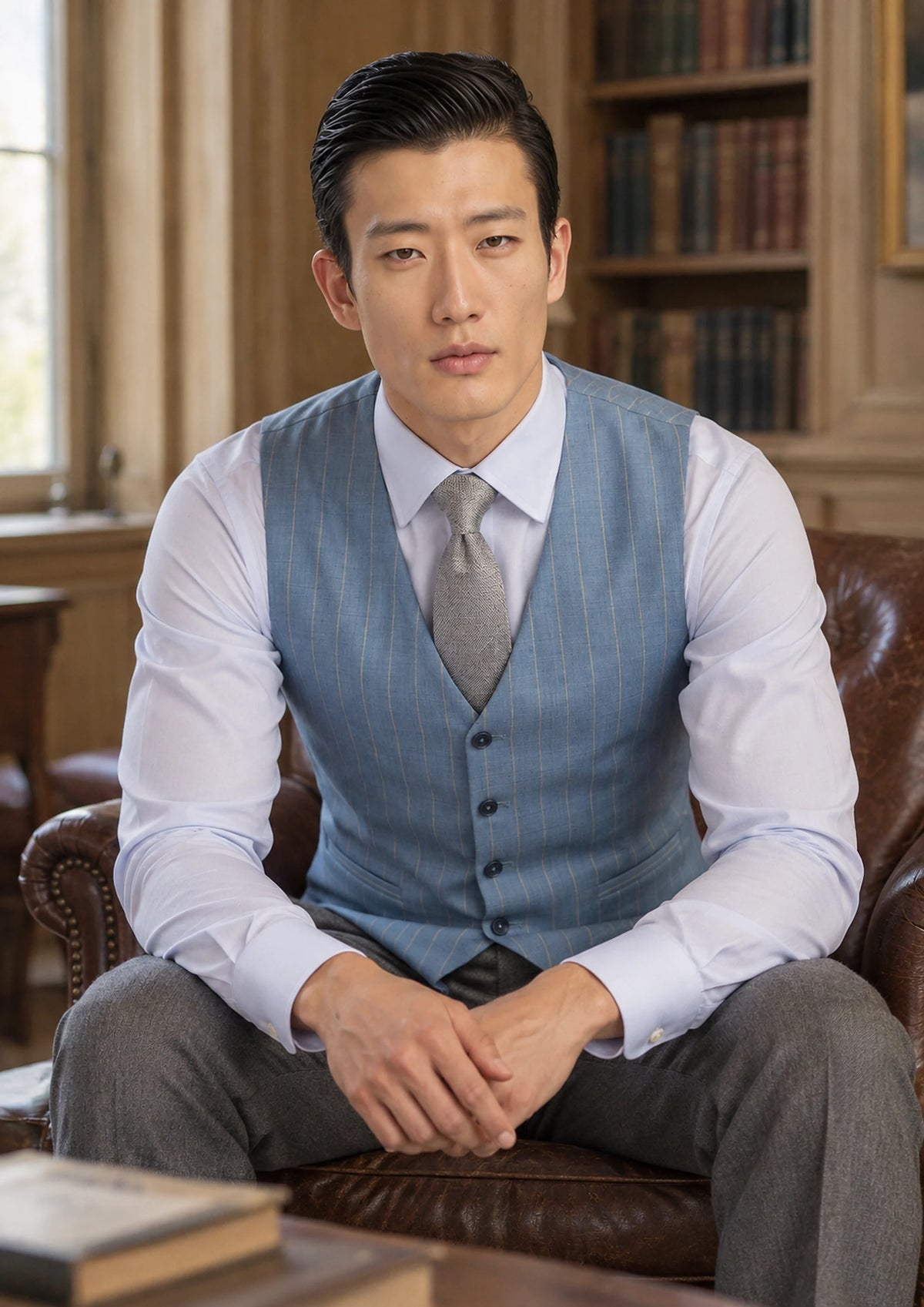 Sky Blue Pinstripe Vest worn by a model, club reading room401