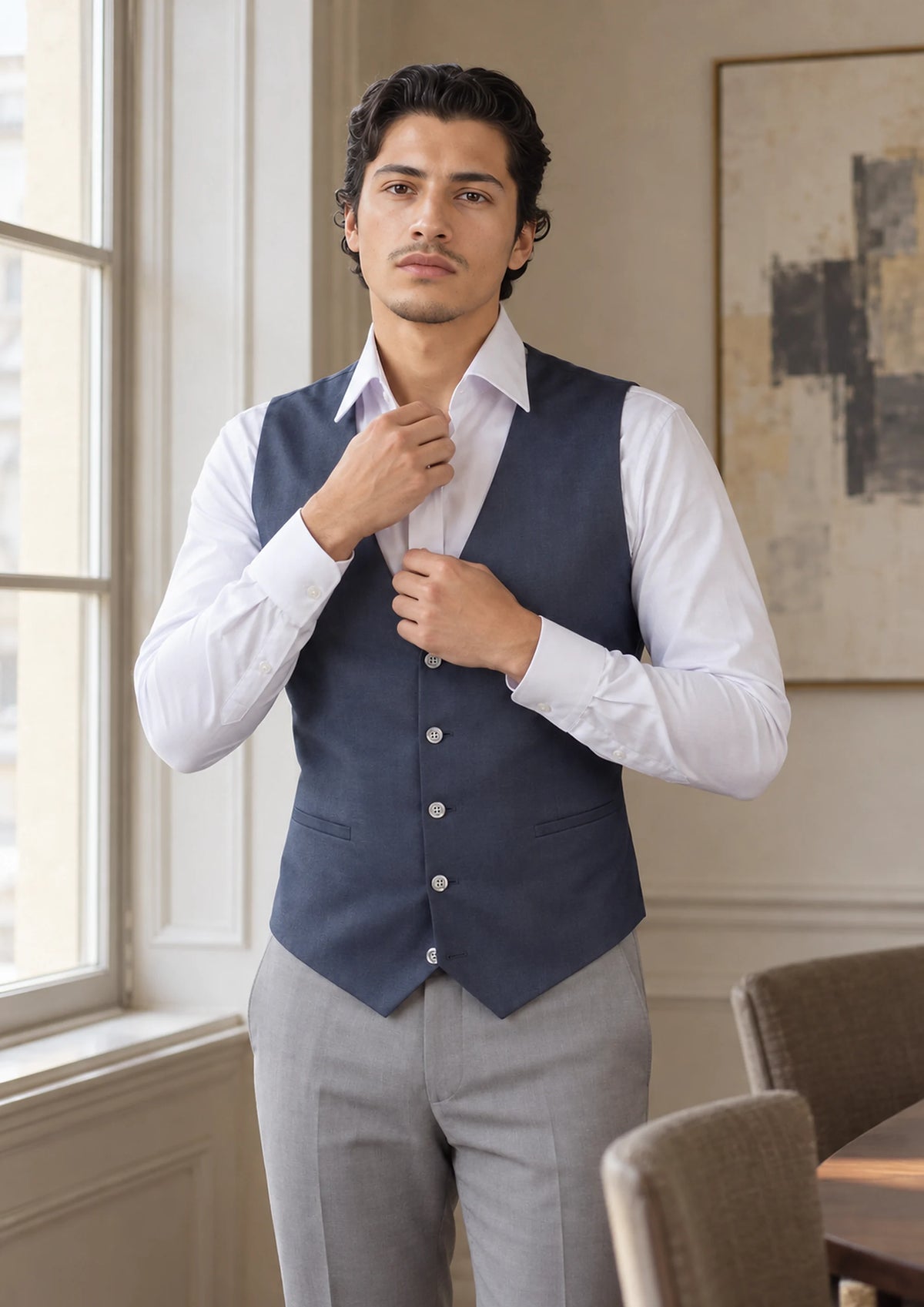 Slate Grey Twill Vest worn by a model, private bank meeting room335