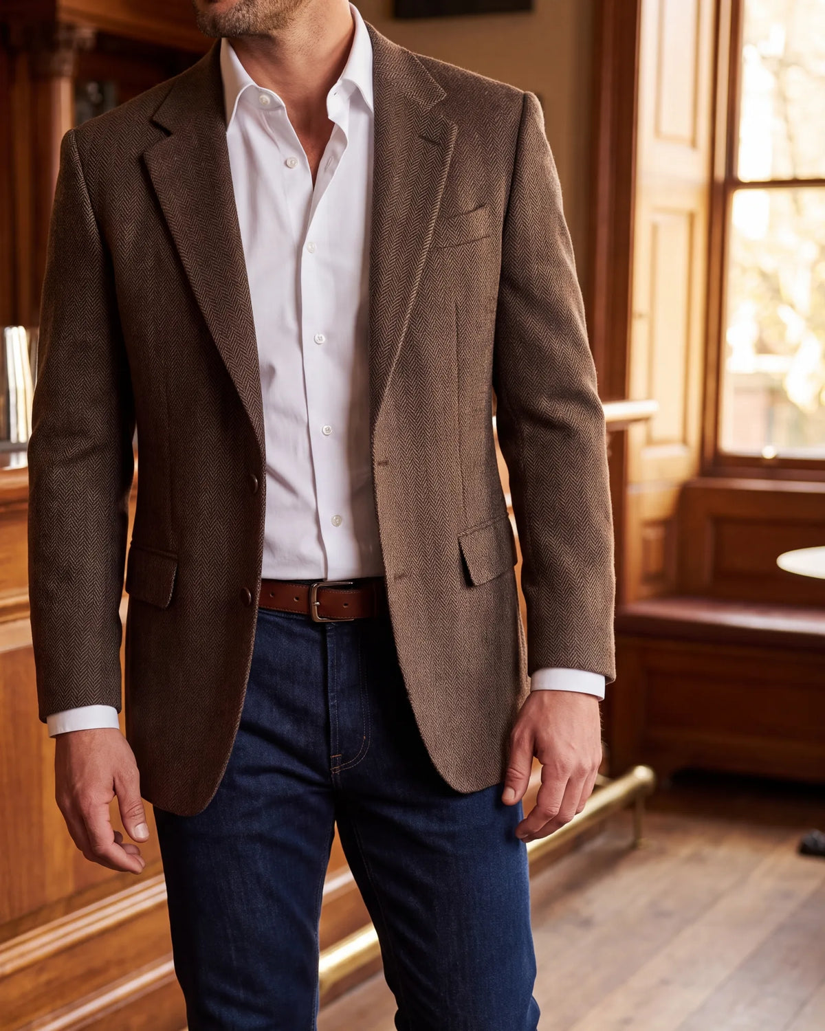 Go for clear contrast when a jacket meets jeans. Textured brown against dark indigo reads as a separate jacket, not half a suit.
