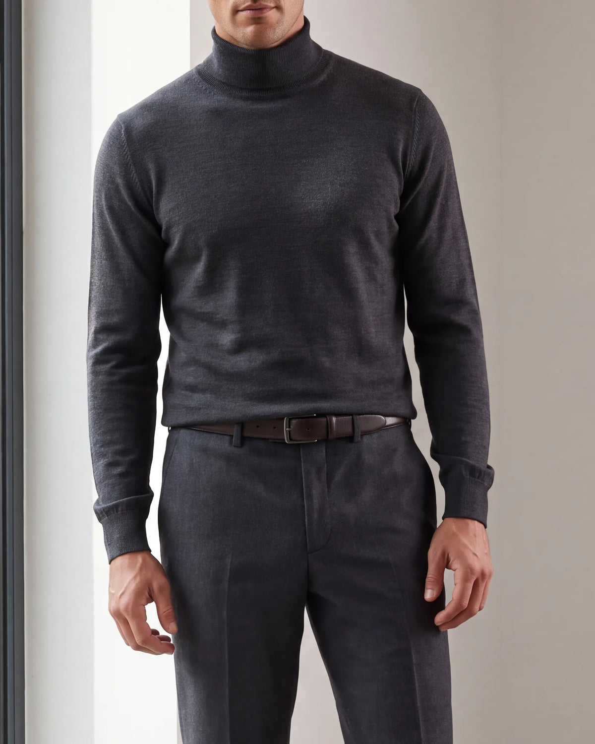 Skipping the jacket? Let wool trousers be the one dressed-up piece and keep the top relaxed with a fine rollneck.