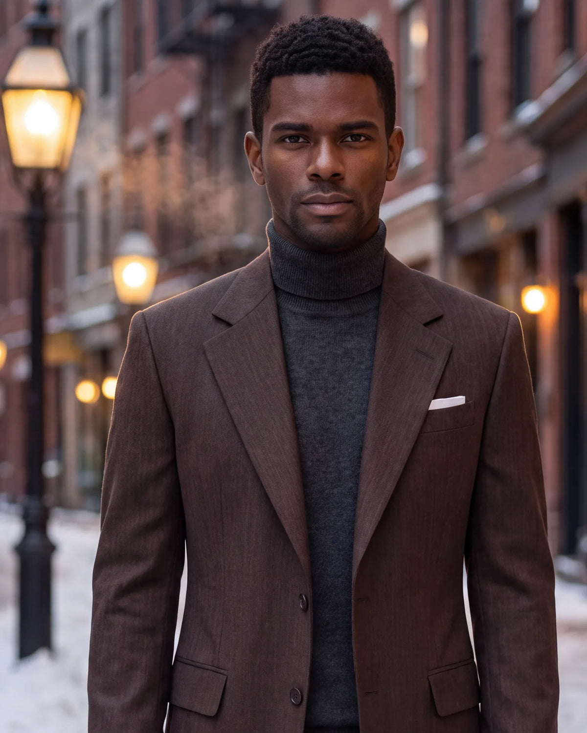 Cold evening? Wear a merino or cashmere rollneck under your jacket in place of a collared shirt. It stands in for both the shirt and the tie.
