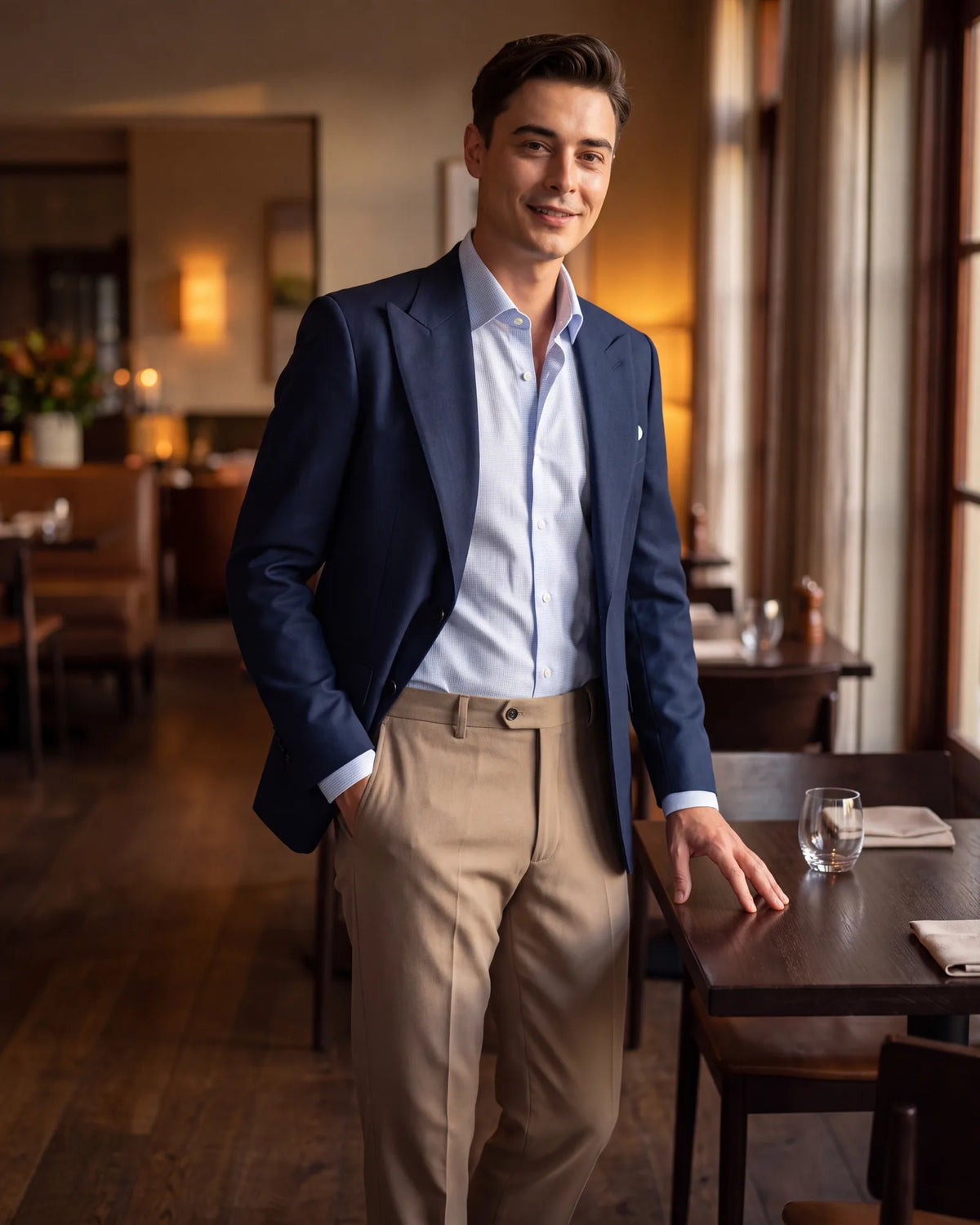 For dinner or a date, let a navy jacket anchor the outfit, then keep it relaxed with an open collar and stone chinos.