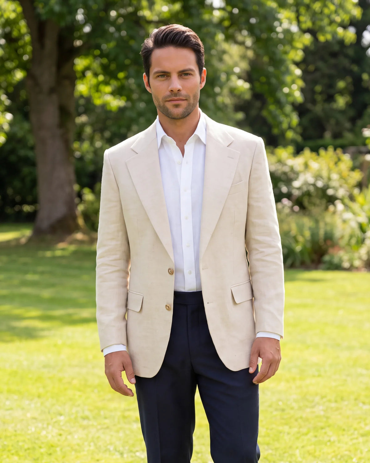 At a summer wedding, keep the linen jacket on through the ceremony. Pair it with a white linen shirt and navy trousers.