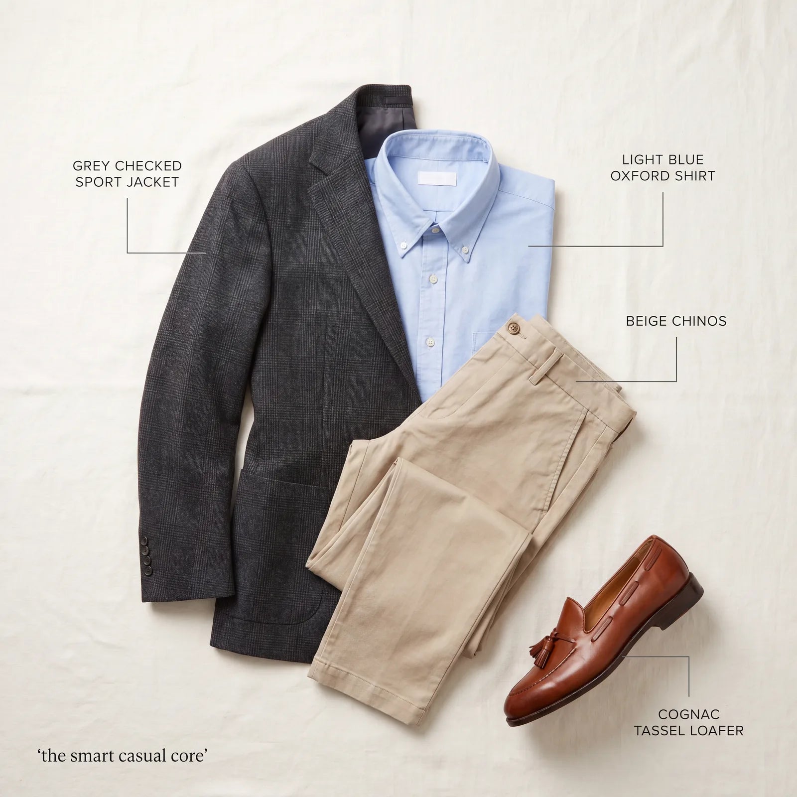A smart casual outfit core: a sport jacket, oxford shirt, chinos, and a tassel loafer