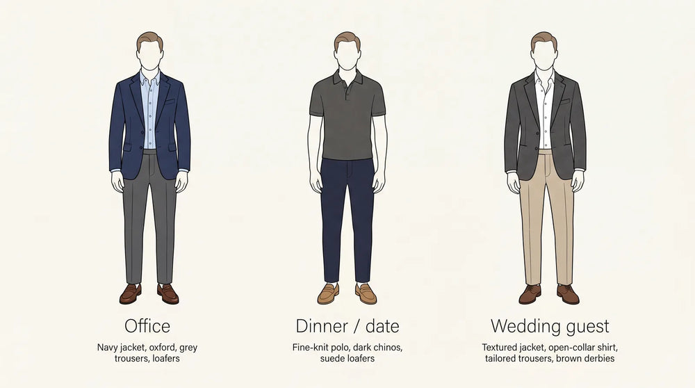 Smart casual outfits for the office, a dinner or date, and a wedding guest